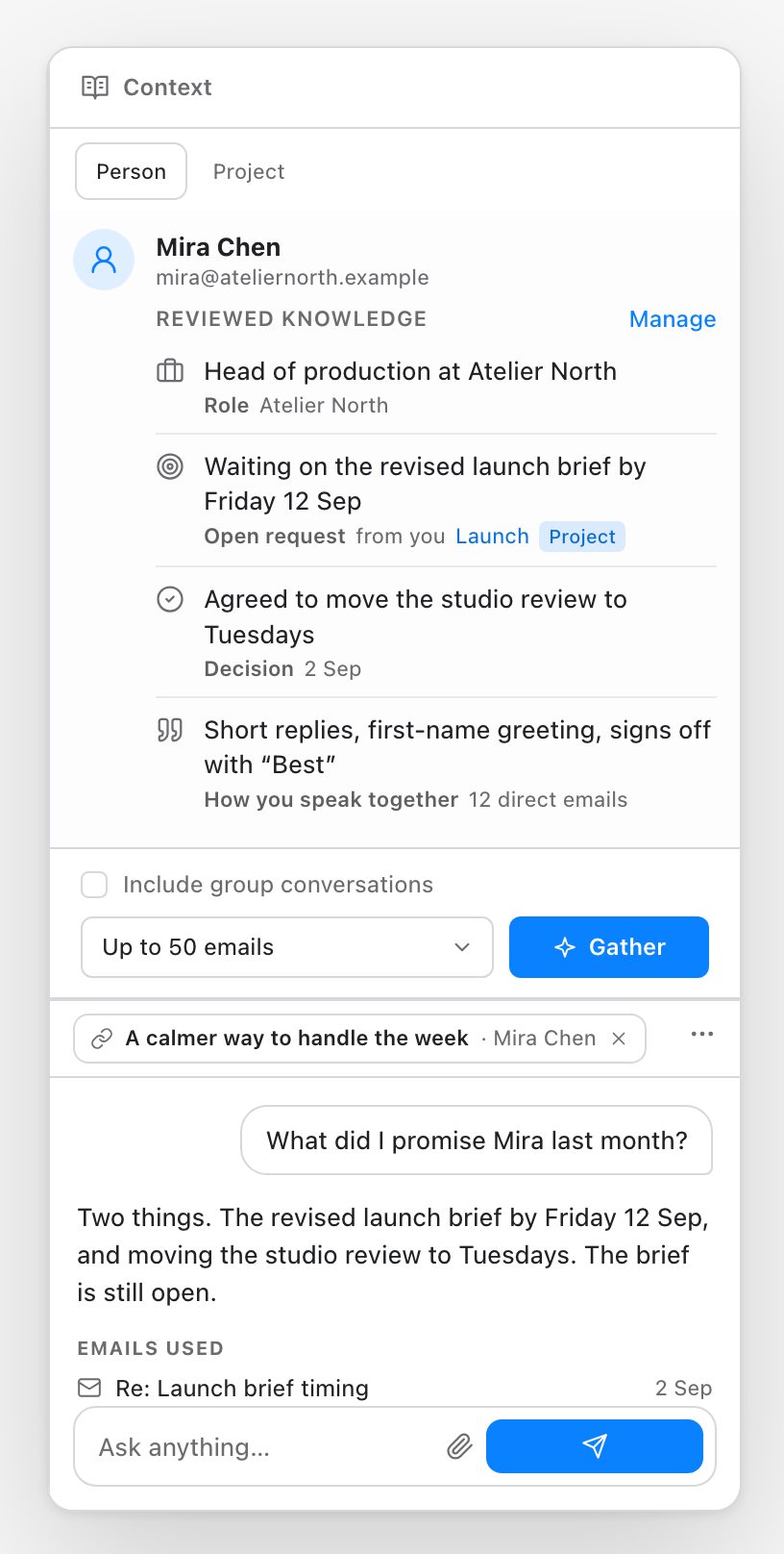 The AI Chat panel: a Context card for the sender with reviewed facts and a Gather control, above a conversation that lists the emails it used