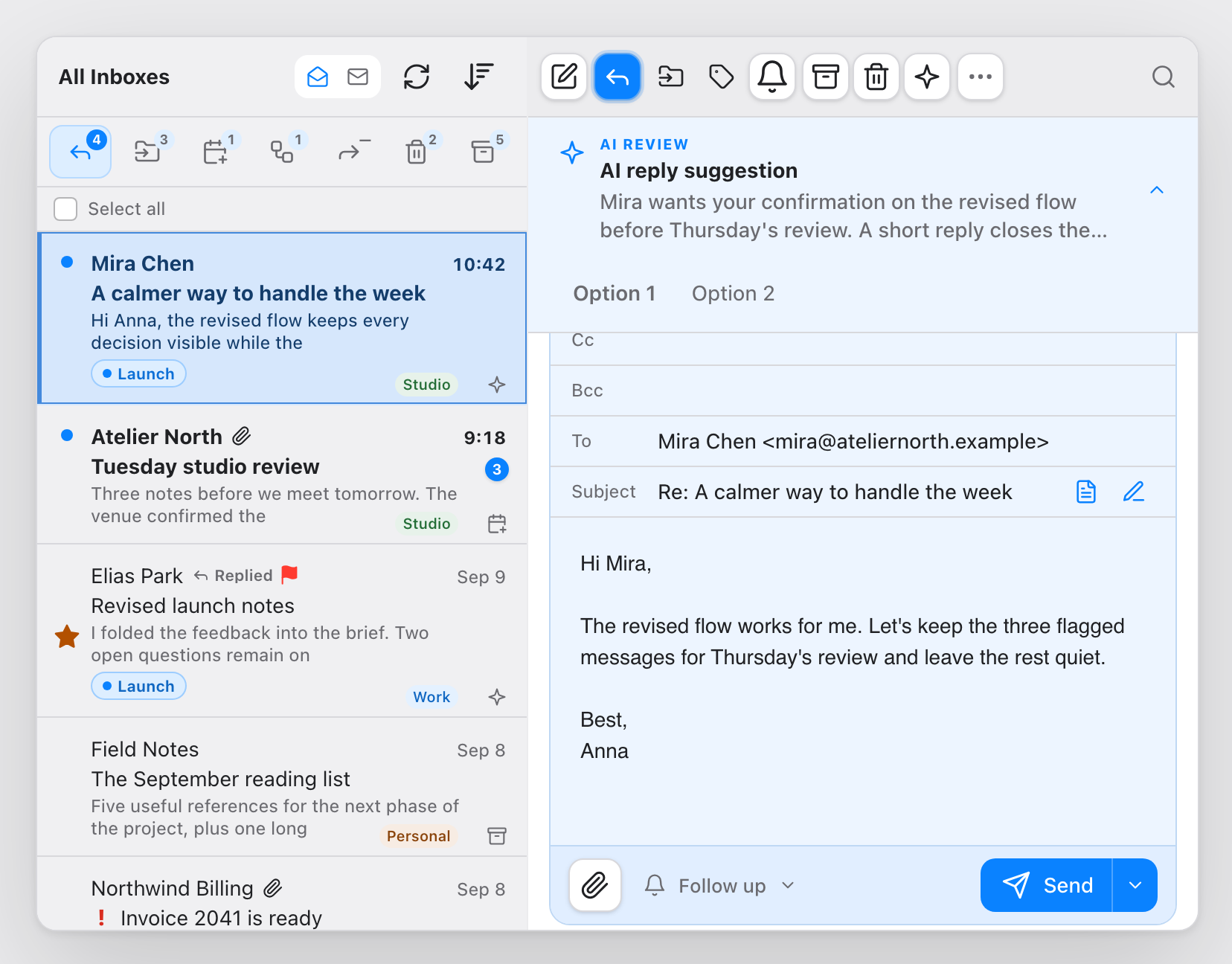 The inbox list with seven triage-count buttons above it, beside a reader showing an AI reply suggestion with an embedded draft and a Send button