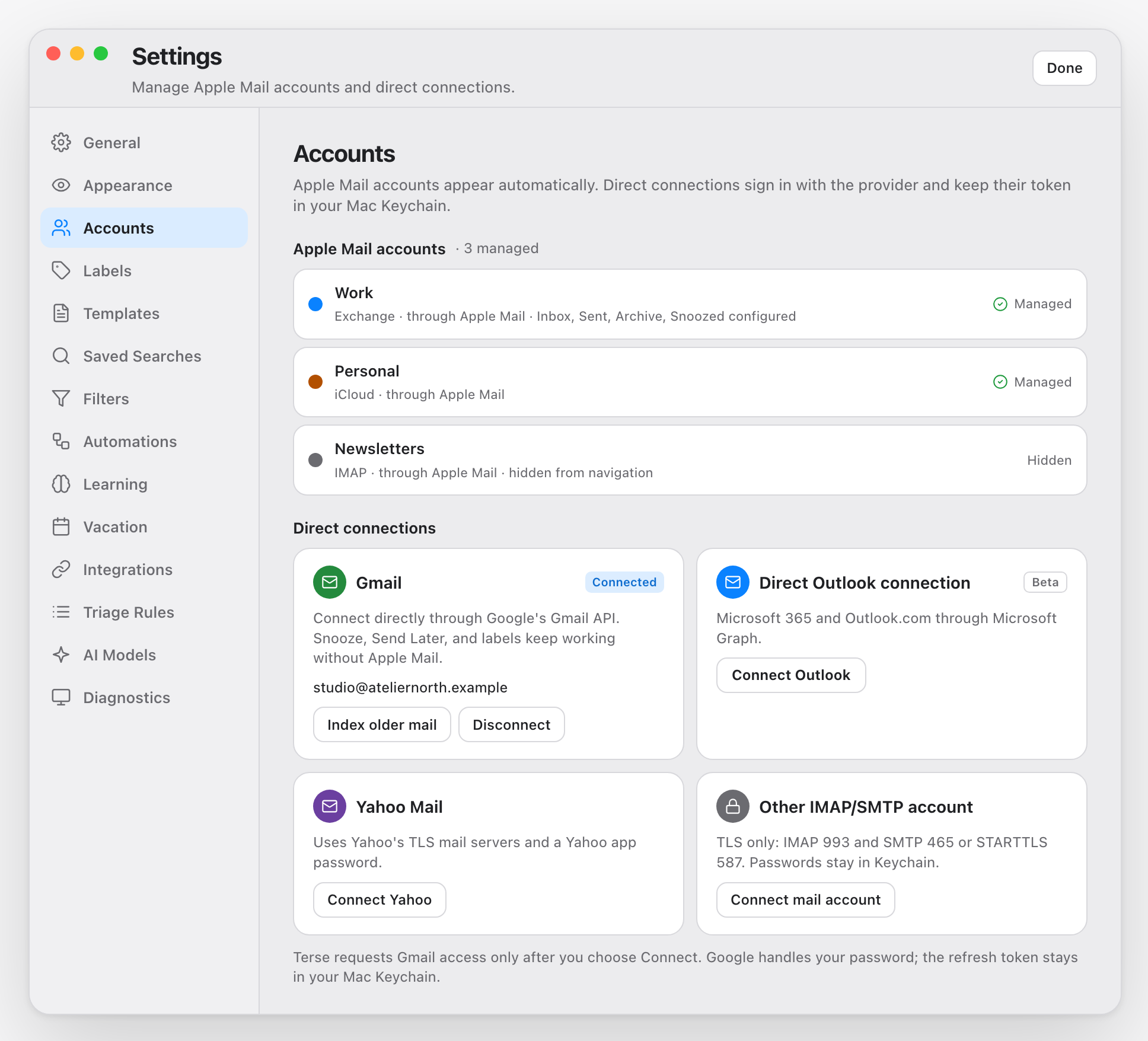 Settings → Accounts: Apple Mail accounts managed in place, and direct connection cards for Gmail, Outlook, Yahoo, and IMAP