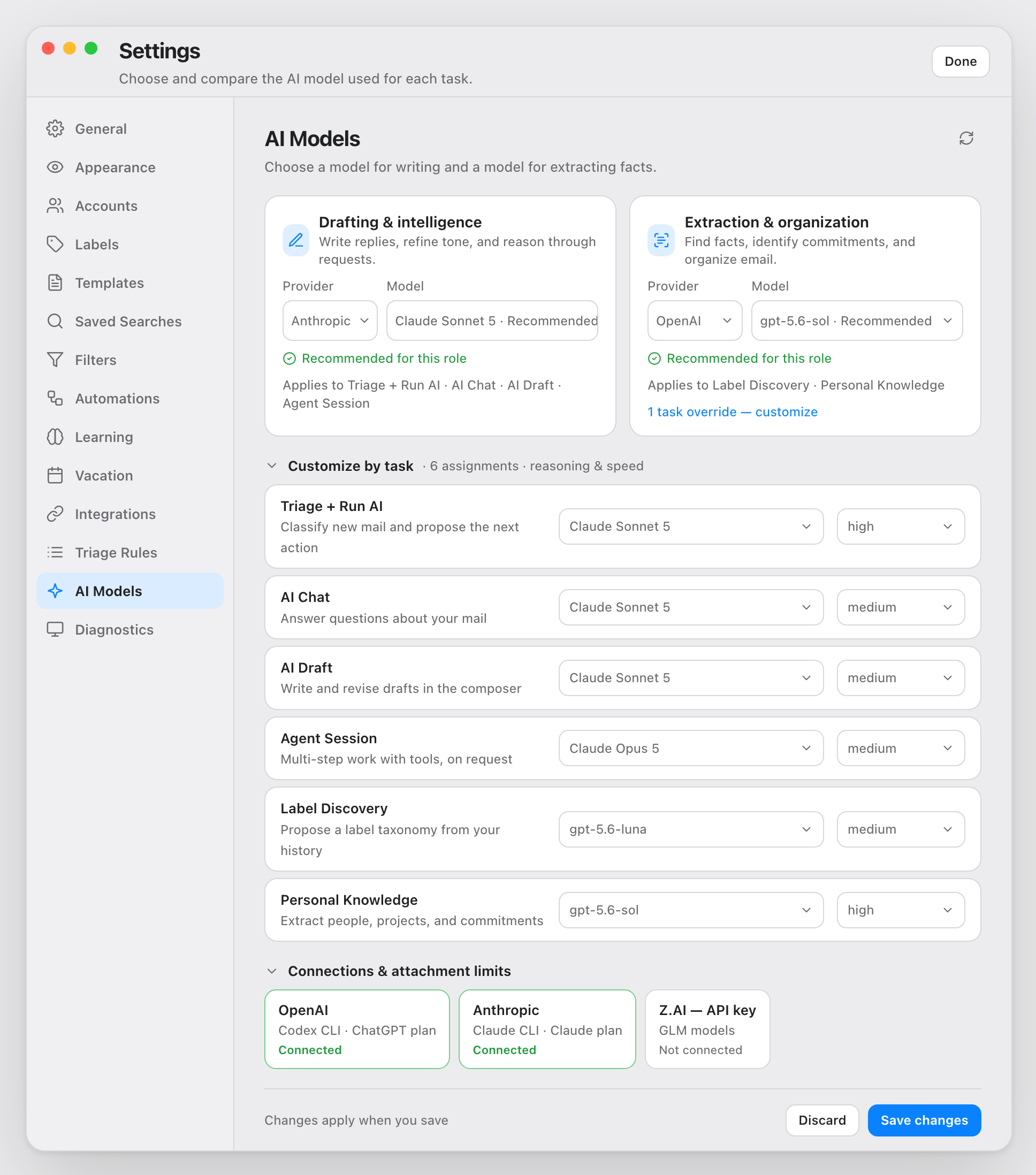 Settings → AI Models: two role cards for drafting and extraction, per-task model and reasoning choices, and provider connection status