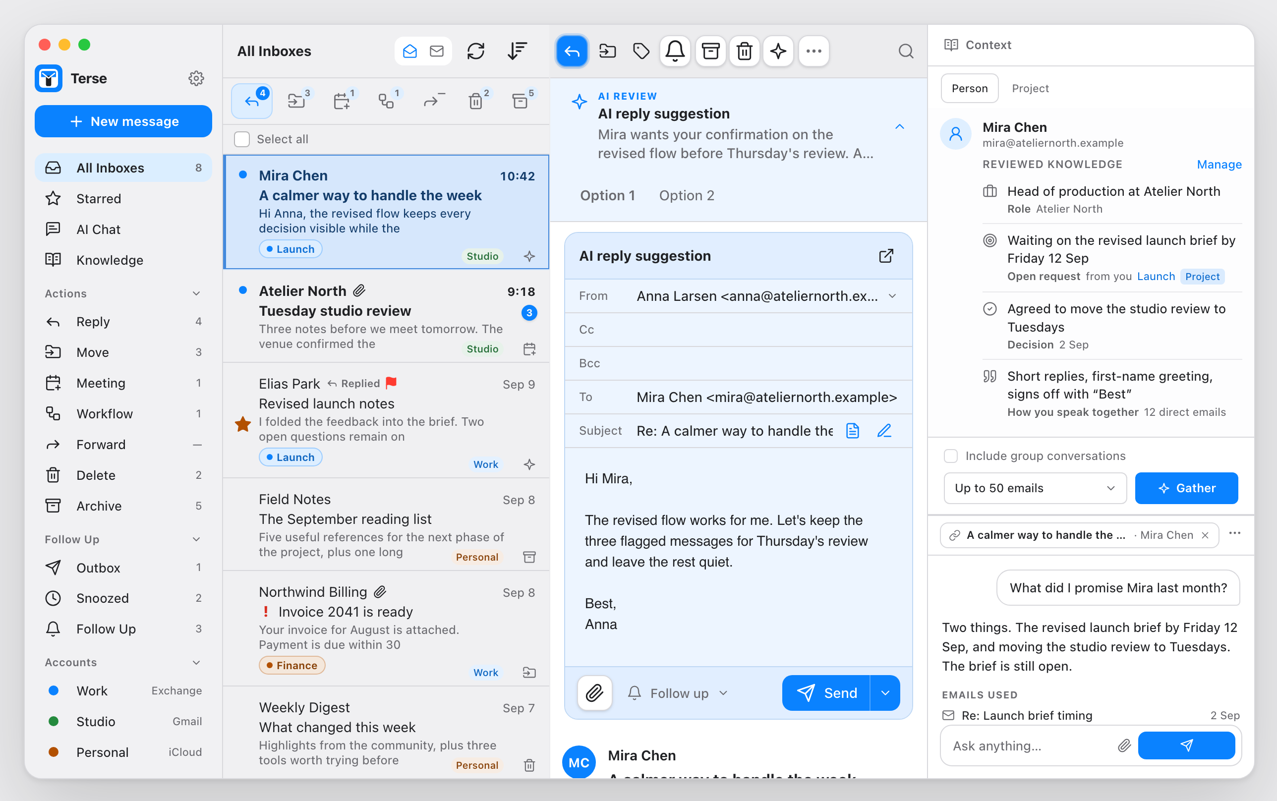 The Terse workspace: the mailbox sidebar, an inbox with triage counts above the list, an AI reply suggestion open in the reader, and the AI Chat panel showing the sender's Context card